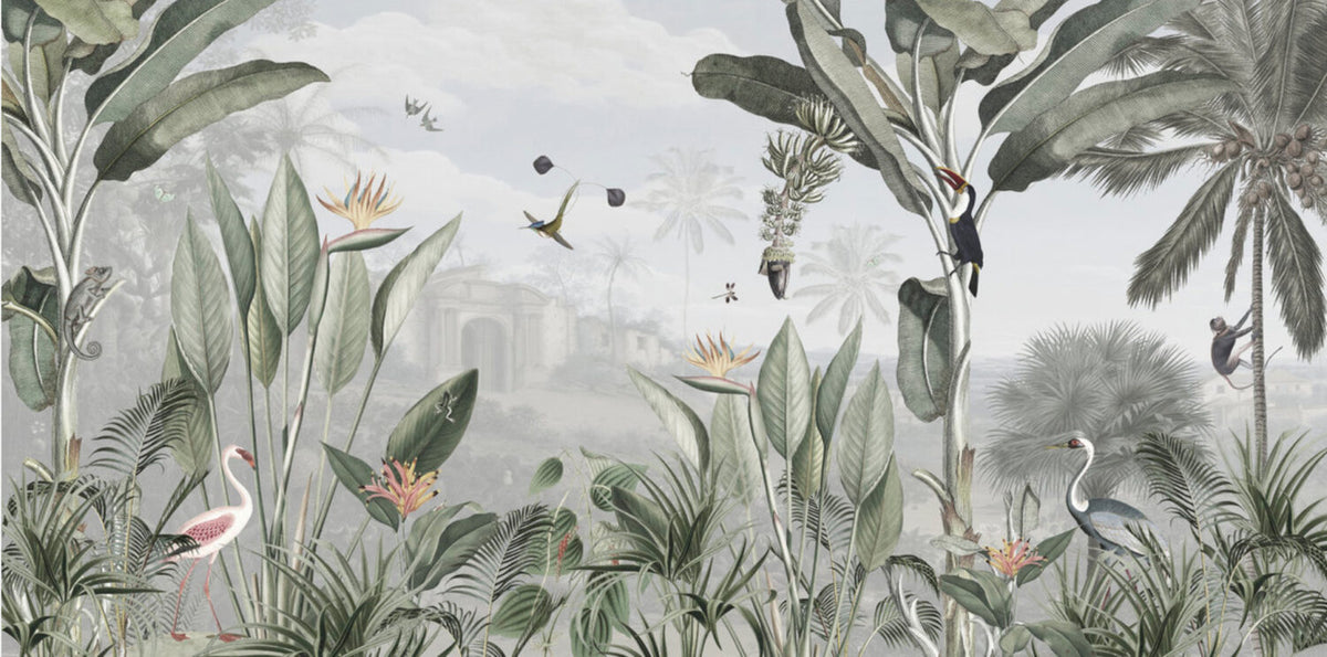 Tropical Ruin Garden Wallpaper : Bird of Paradise and Hummingbird Mural - flat design
