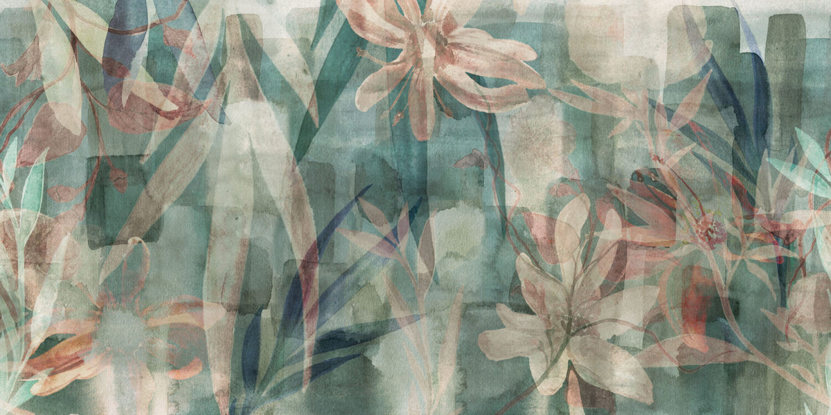 Watercolor Leaf Wallpaper : Teal Abstract Botanical Mural - View 2