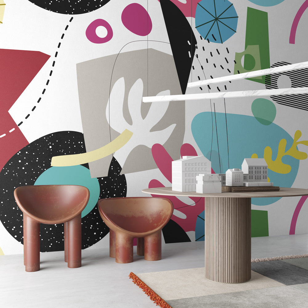 Memphis Abstract Wallpaper : Bold Shapes and Stripes Mural