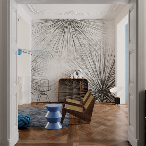 Palm Frond Sketch Wallpaper : Black and White Radiating Lines Mural