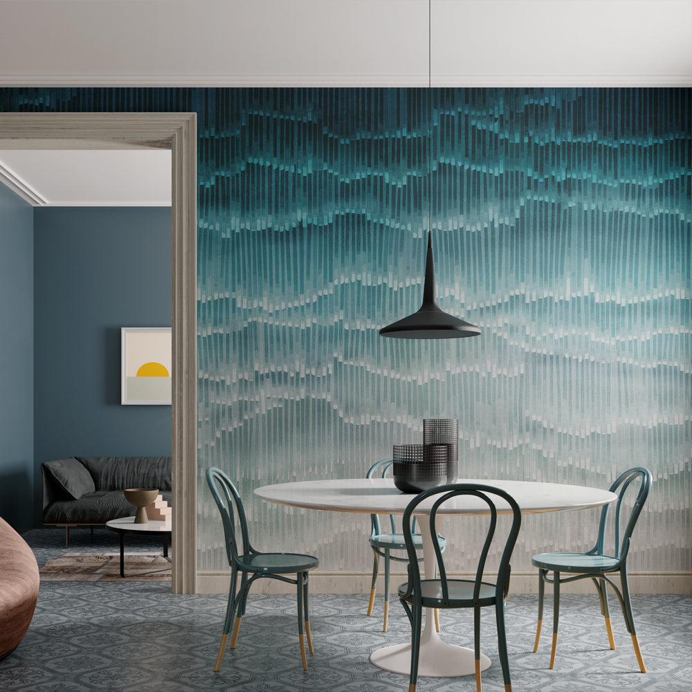 Teal Ombre Stroke Wallpaper : Layered Brush Line Mural - View 3