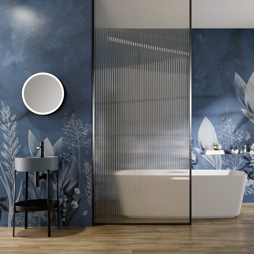 Navy Linen Leaf Wallpaper : Fabric Texture Botanical Mural
