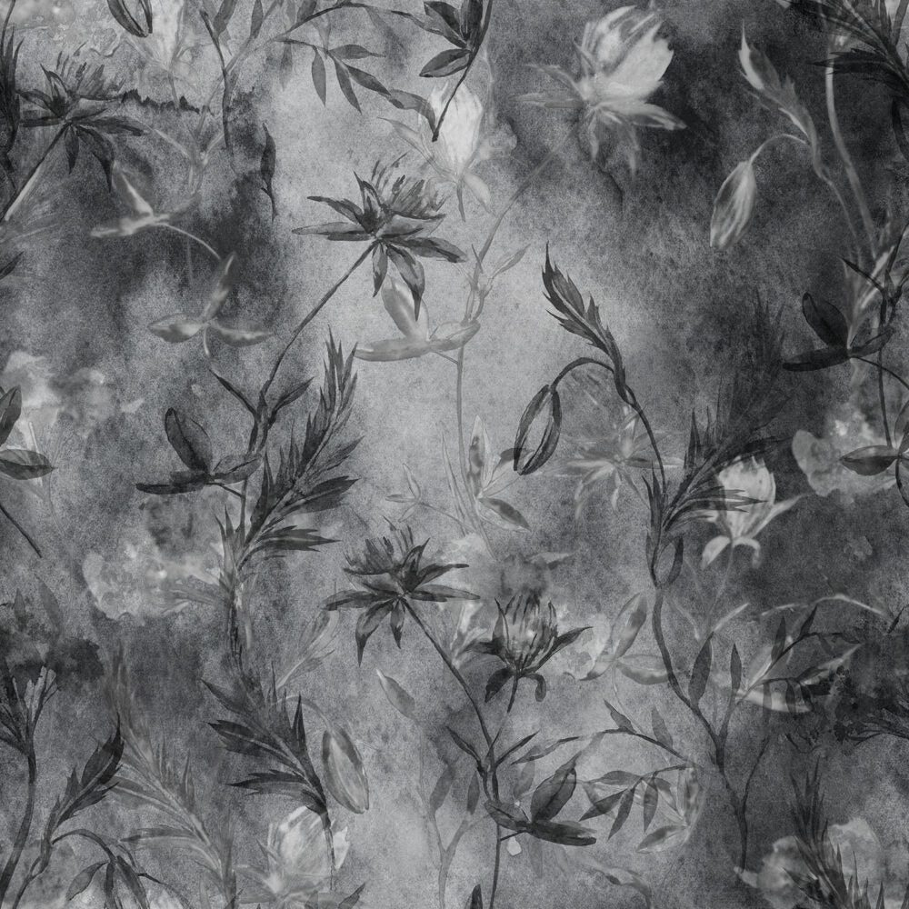 Grey Concrete Botanical Wallpaper : Monochrome Lily Mural - View 2