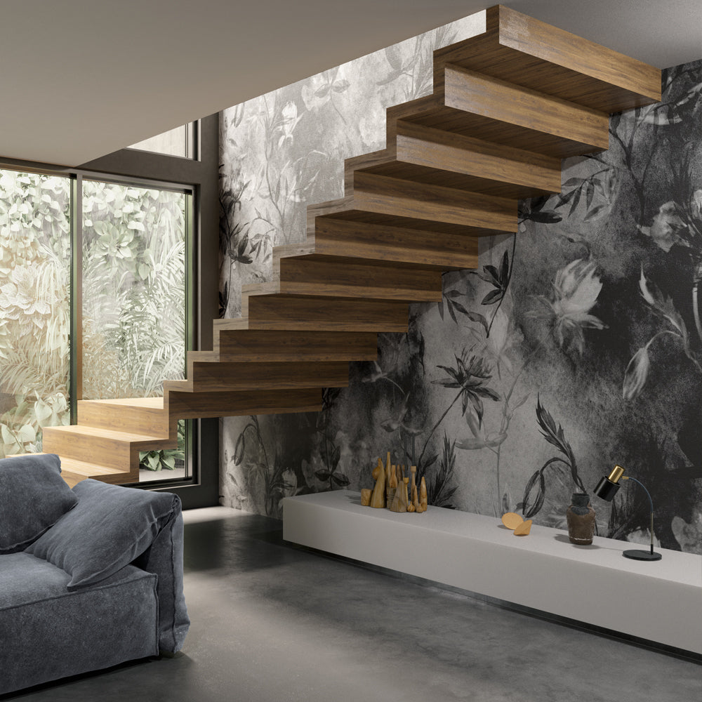 Grey Concrete Botanical Wallpaper : Monochrome Lily Mural