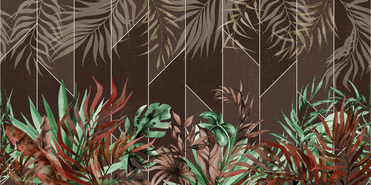 Geometric Tropical Leaf Wallpaper : Brown Panel Jungle Mural - View 2