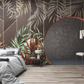 Geometric Tropical Leaf Wallpaper : Brown Panel Jungle Mural