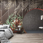 Geometric Tropical Leaf Wallpaper : Brown Panel Jungle Mural