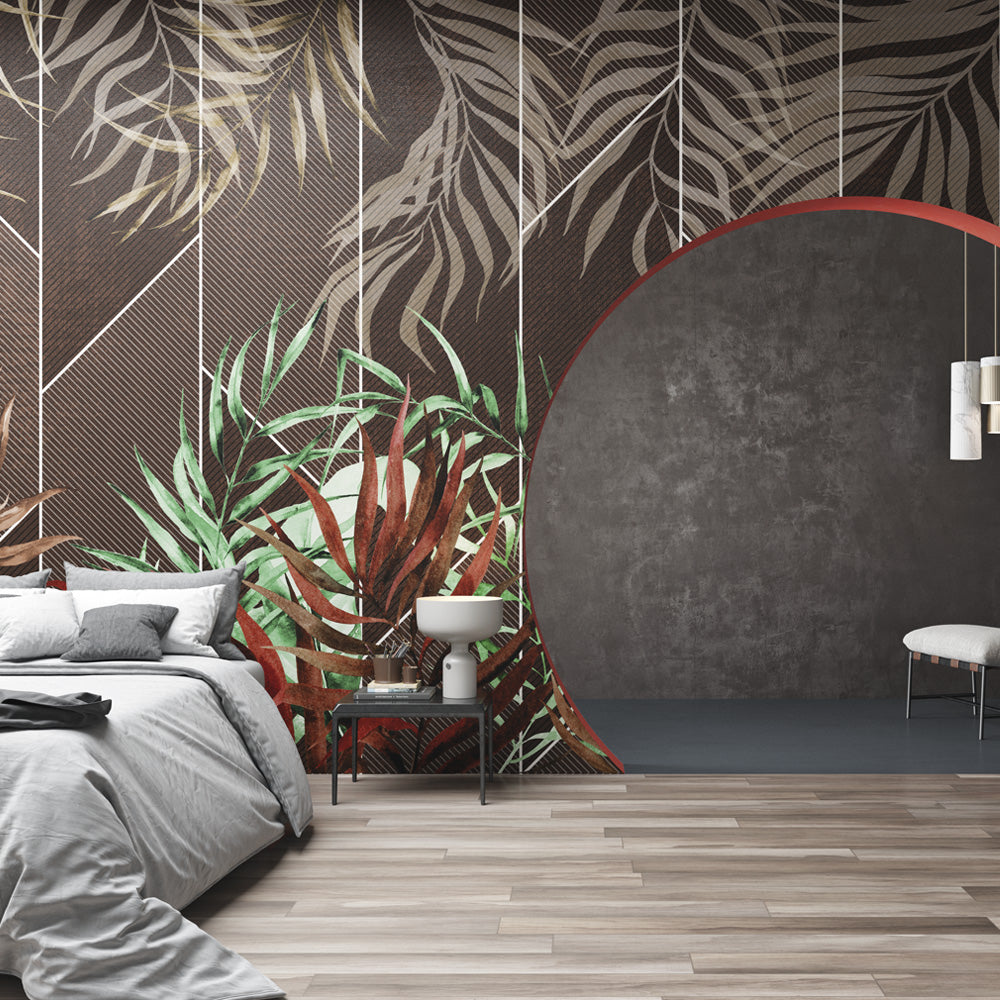 Geometric Tropical Leaf Wallpaper : Brown Panel Jungle Mural