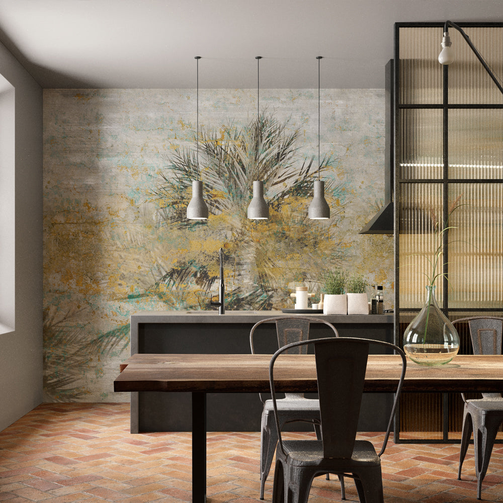 Distressed Palm Wallpaper : Ochre Grunge Tropical Mural
