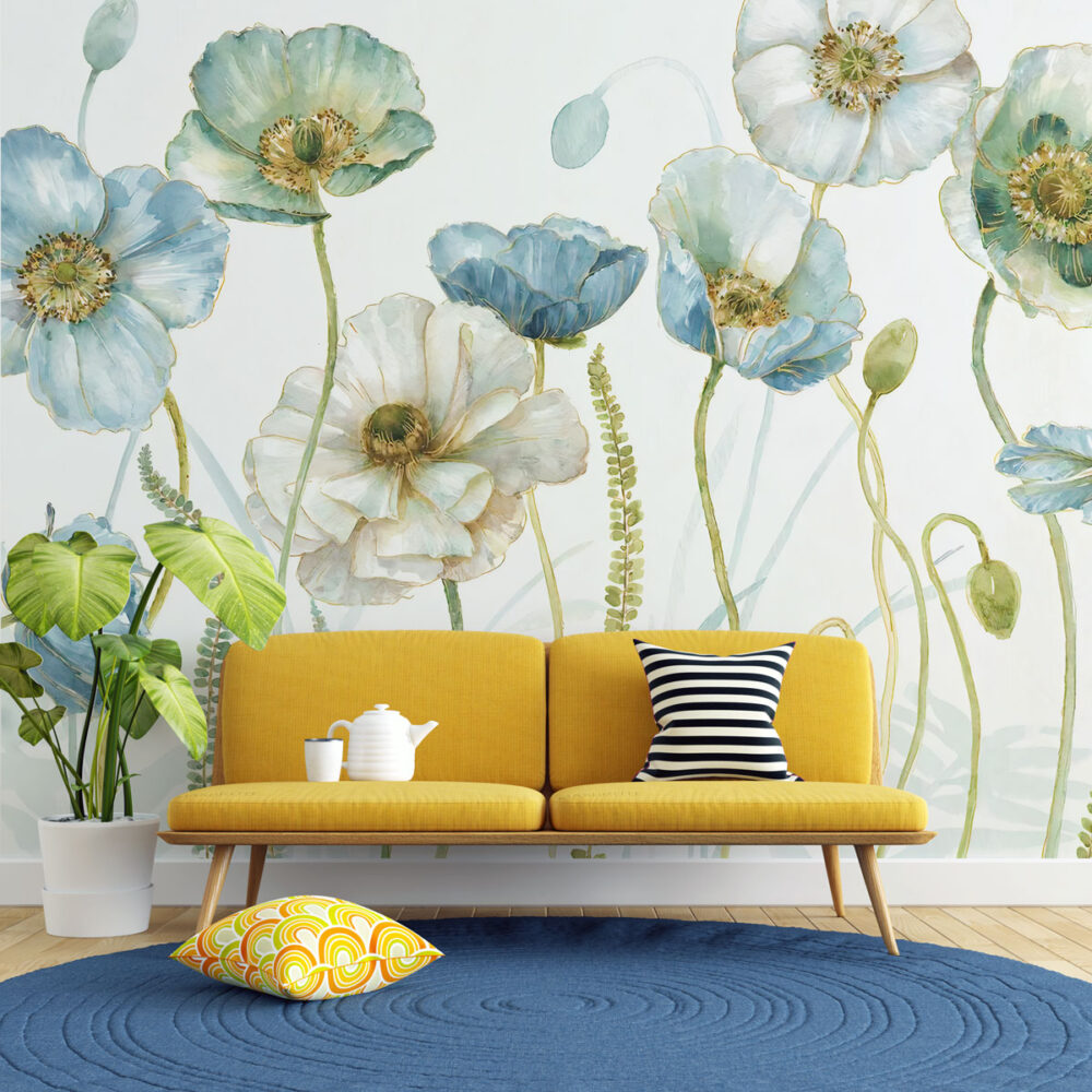 Blue Poppy Wallpaper : Watercolor Flowers with Gold Mural