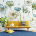 Blue Poppy Wallpaper : Watercolor Flowers with Gold Mural