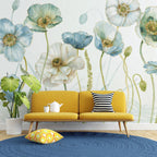 Blue Poppy Wallpaper : Watercolor Flowers with Gold Mural