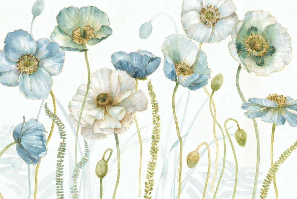 Blue Poppy Wallpaper : Watercolor Flowers with Gold Mural - flat design