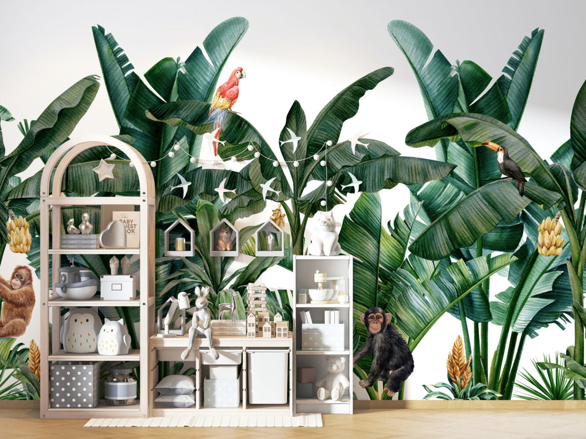 Banana Leaf Wallpaper : Tropical Monkey Jungle Mural - View 3