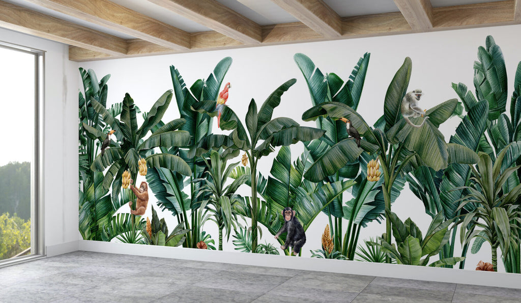 Banana Leaf Wallpaper : Tropical Monkey Jungle Mural - View 4