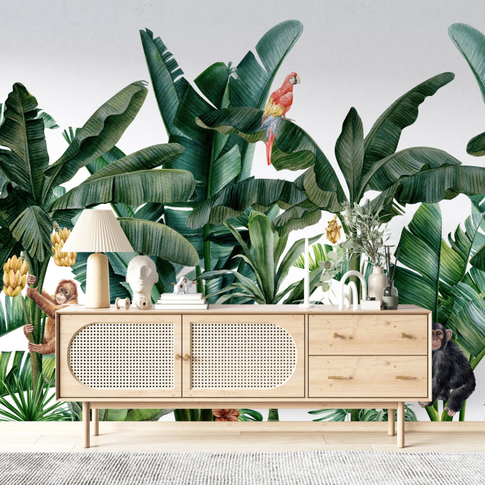 Banana Leaf Wallpaper : Tropical Monkey Jungle Mural - View 5