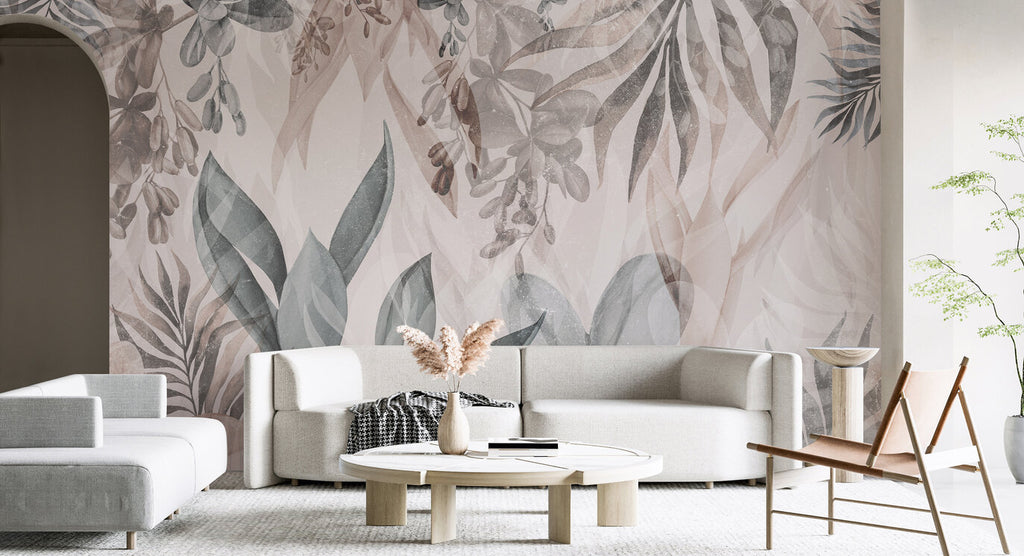 Soft Watercolor Leaves Wallpaper : Pastel Tropical Foliage Mural - View 2