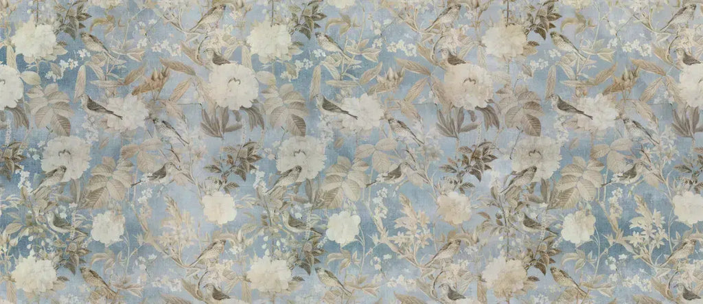 Vintage Bird Floral Wallpaper : Faded Blue Peony Mural - View 2