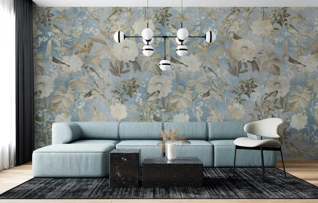 Vintage Bird Floral Wallpaper : Faded Blue Peony Mural