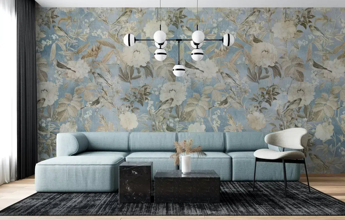 Vintage Bird Floral Wallpaper : Faded Blue Peony Mural