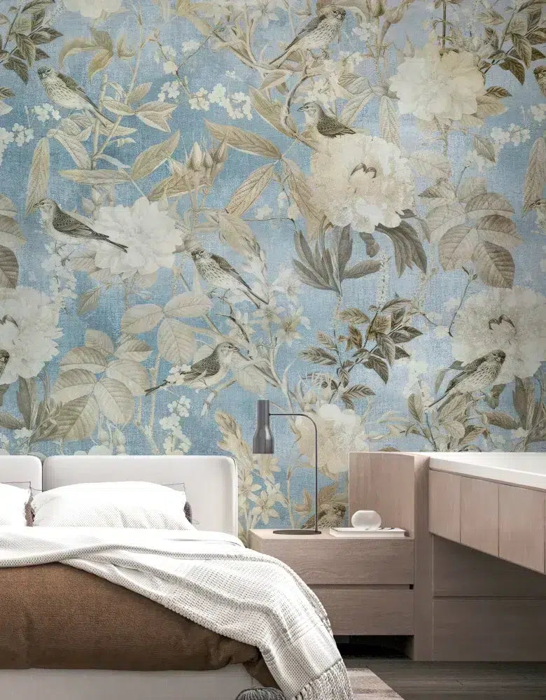 Vintage Bird Floral Wallpaper : Faded Blue Peony Mural - View 3