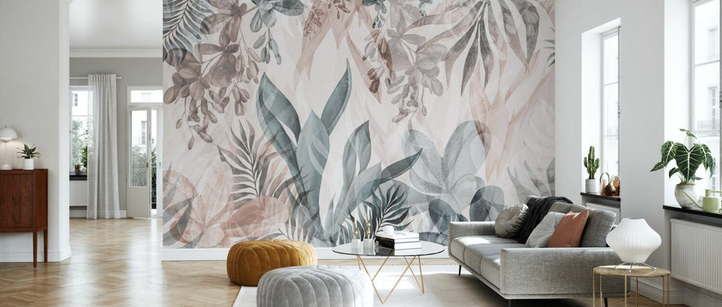 Soft Watercolor Leaves Wallpaper : Pastel Tropical Foliage Mural