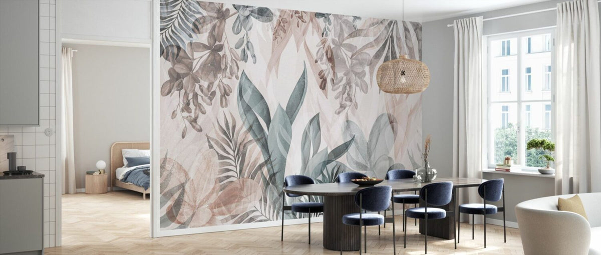 Soft Watercolor Leaves Wallpaper : Pastel Tropical Foliage Mural - View 3