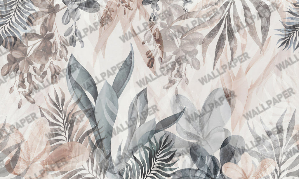 Soft Watercolor Leaves Wallpaper : Pastel Tropical Foliage Mural - flat design