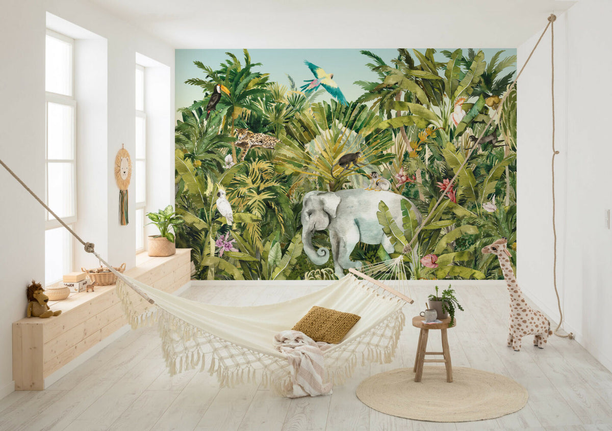 Jungle Elephant Wallpaper : Watercolor Monkeys Mural - View 3