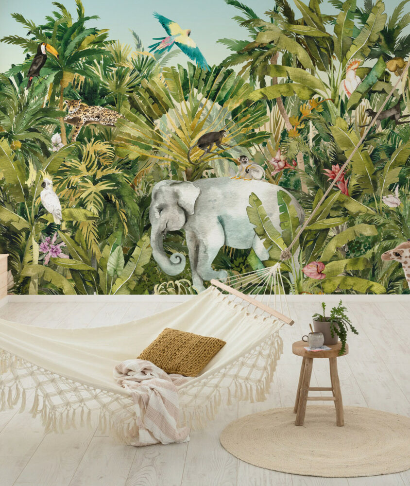 Jungle Elephant Wallpaper : Watercolor Monkeys Mural