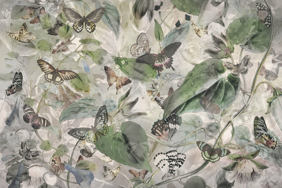 Butterfly Botanical Wallpaper : Soft Watercolor Leaves Mural - View 2