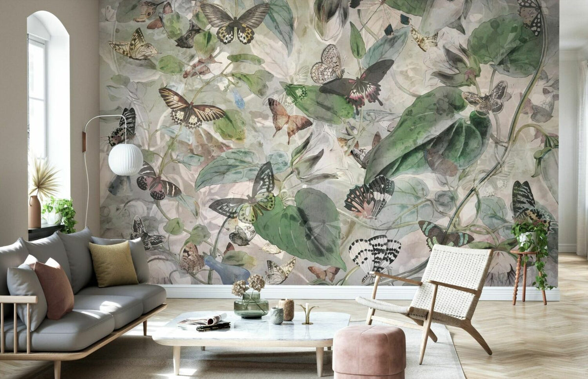 Butterfly Botanical Wallpaper : Soft Watercolor Leaves Mural