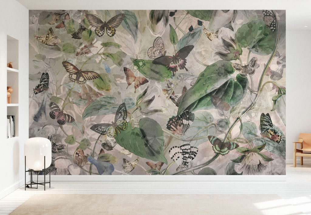 Butterfly Botanical Wallpaper : Soft Watercolor Leaves Mural - View 3