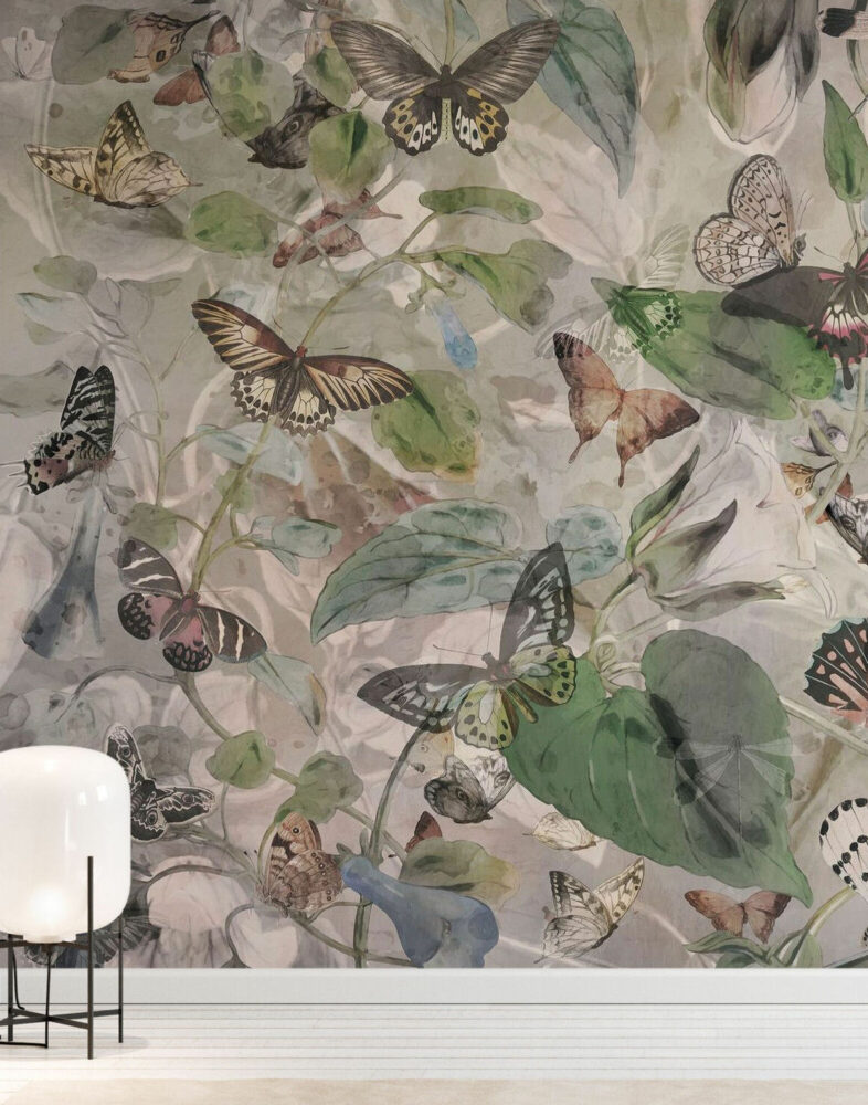 Butterfly Botanical Wallpaper : Soft Watercolor Leaves Mural - View 4