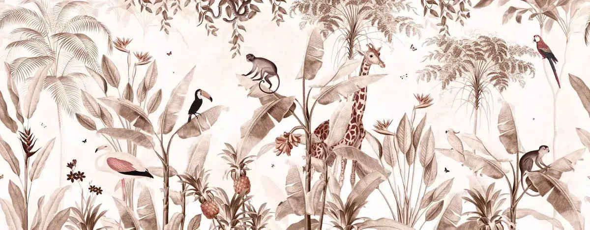 Sepia Jungle Animal Wallpaper : Giraffe Banana Tree Mural - View 2