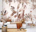 Sepia Jungle Animal Wallpaper : Giraffe Banana Tree Mural
