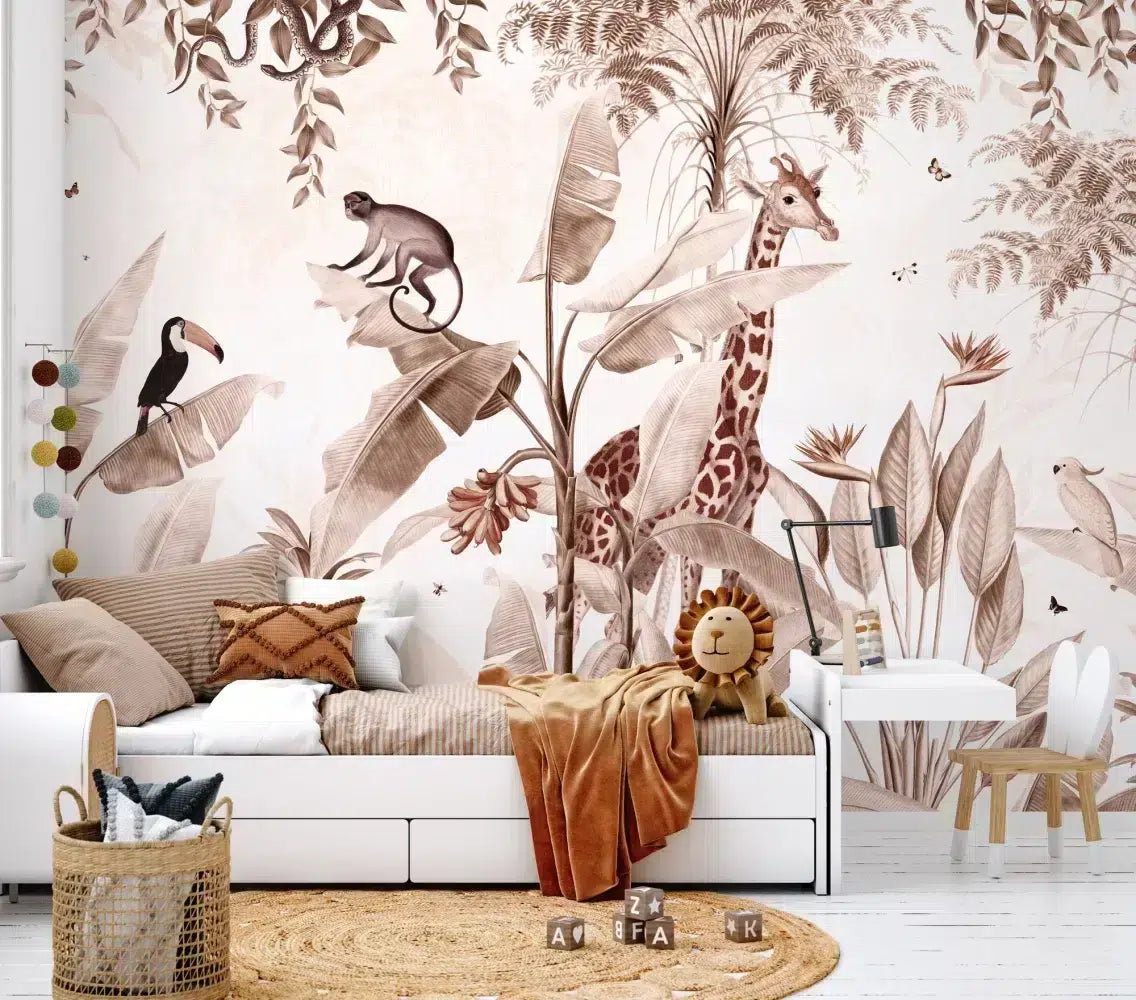 Sepia Jungle Animal Wallpaper : Giraffe Banana Tree Mural