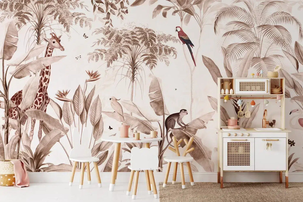 Sepia Jungle Animal Wallpaper : Giraffe Banana Tree Mural - View 4