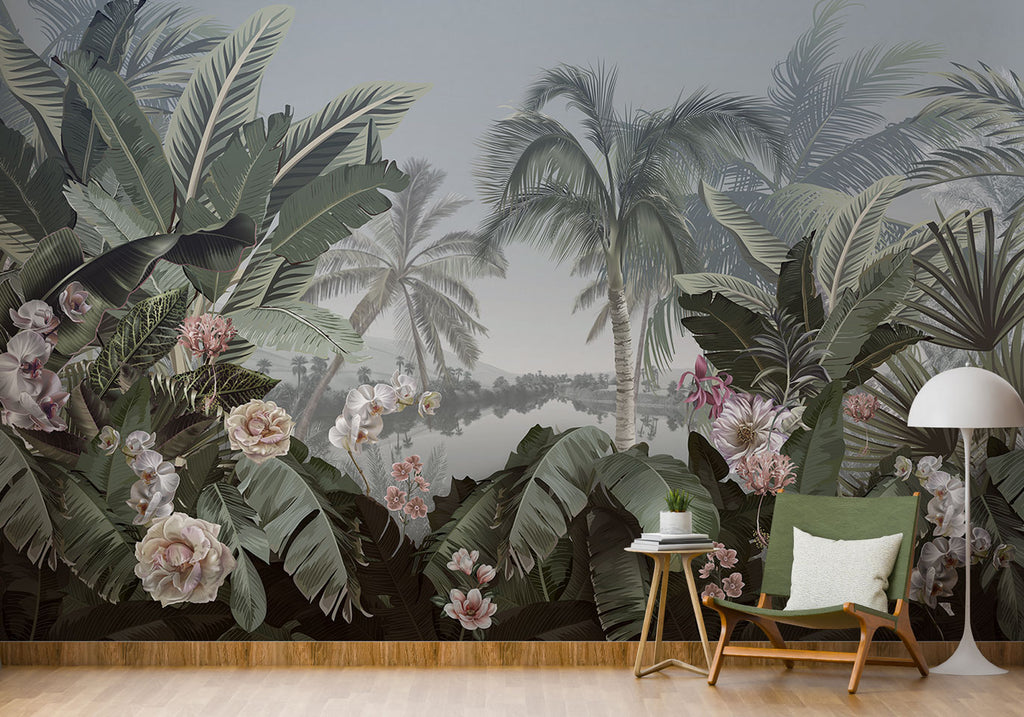 Tropical Lake Wallpaper : Palms and Orchids by the Water Mural