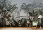 Tropical Lake Wallpaper : Palms and Orchids by the Water Mural