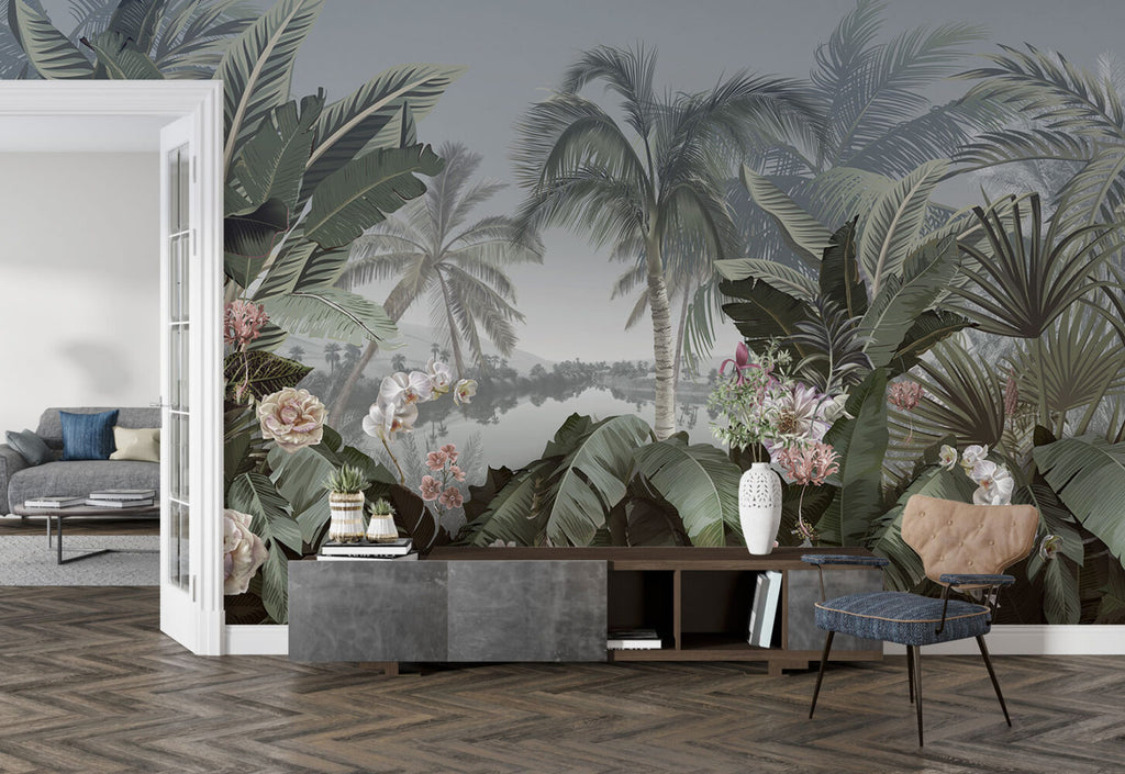 Tropical Lake Wallpaper : Palms and Orchids by the Water Mural - View 2