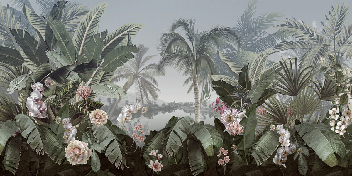 Tropical Lake Wallpaper : Palms and Orchids by the Water Mural - flat design
