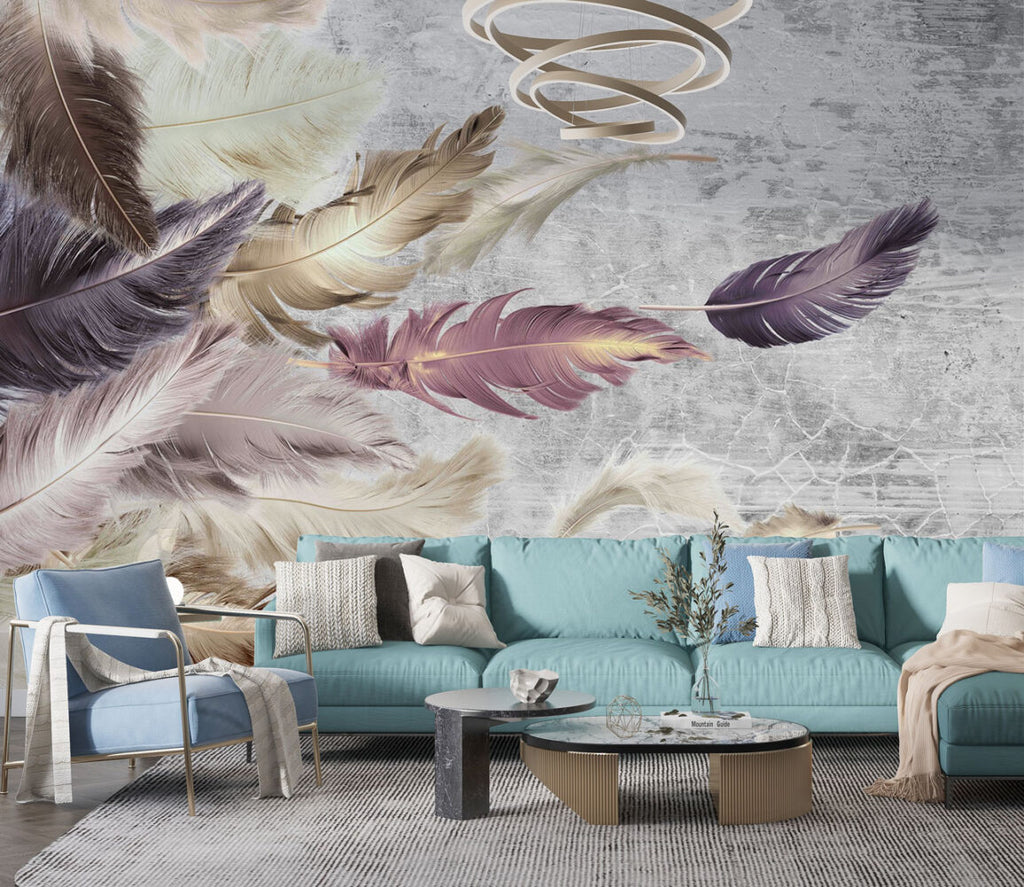Pink Feather Wallpaper : Gold Plume on Grey Marble Mural - View 2