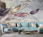 Pink Feather Wallpaper : Gold Plume on Grey Marble Mural - View 2