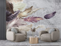 Pink Feather Wallpaper : Gold Plume on Grey Marble Mural