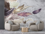 Pink Feather Wallpaper : Gold Plume on Grey Marble Mural