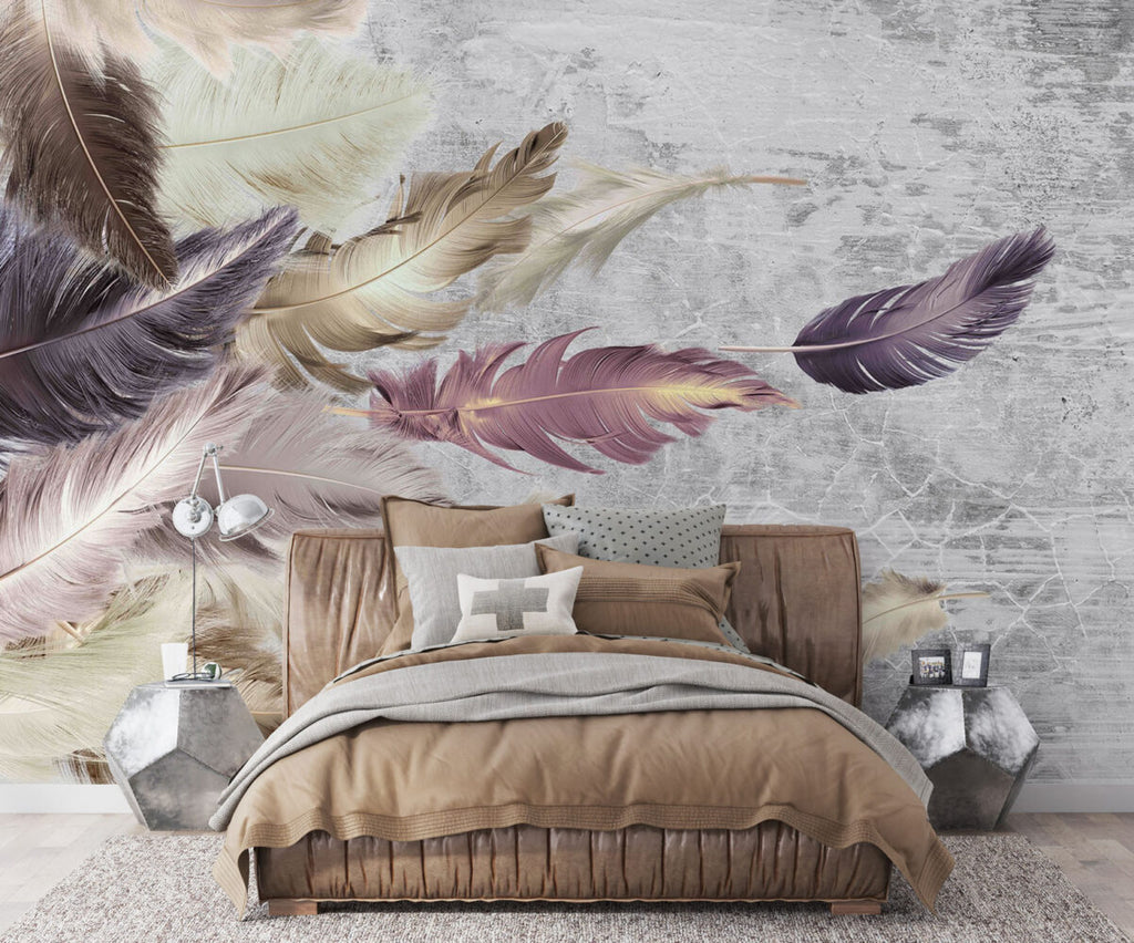 Pink Feather Wallpaper : Gold Plume on Grey Marble Mural - View 3