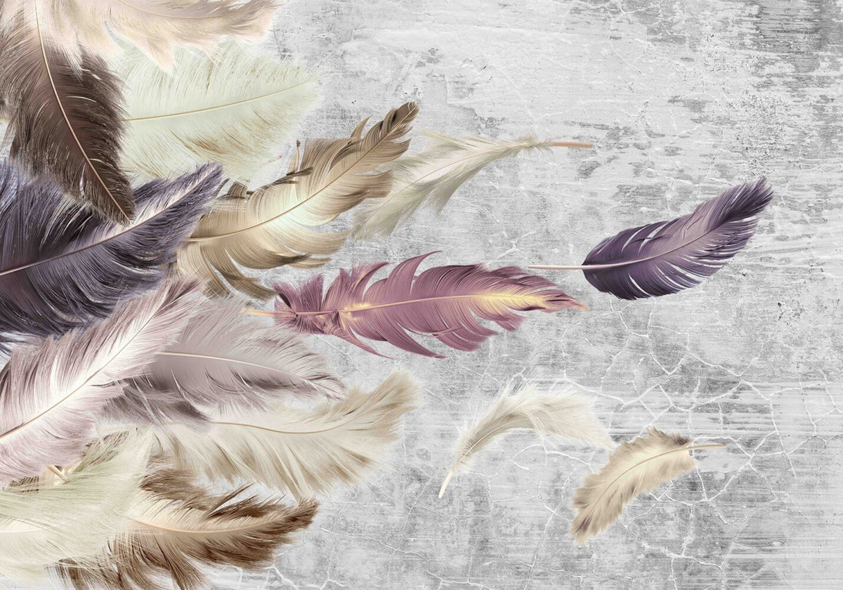 Pink Feather Wallpaper : Gold Plume on Grey Marble Mural - flat design