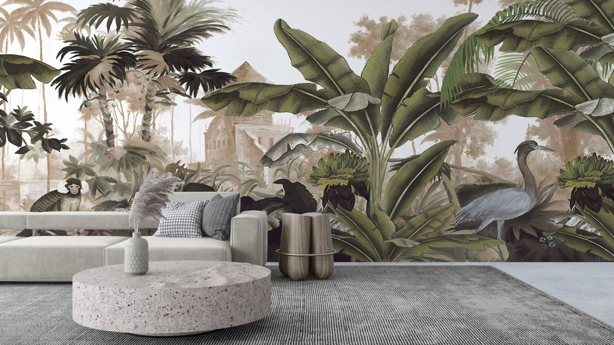 Heron Jungle Wallpaper : Dark Palm Forest Mural