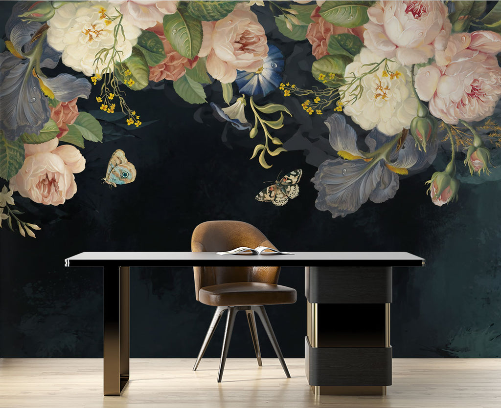 Dark Rose and Butterfly Wallpaper : Moody Floral Mural - View 2